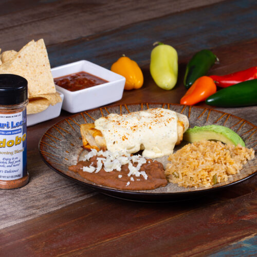 Air Fried Baja Chicken Chimichanga with Rice and Beans & Lauri Lee's Ultra Low Sodium Adobo Seasoning Blend